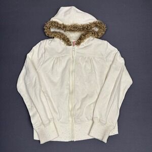 Ocean Pacific Women's Y2K Fur Hood White Full Zip Hoodie Size Small